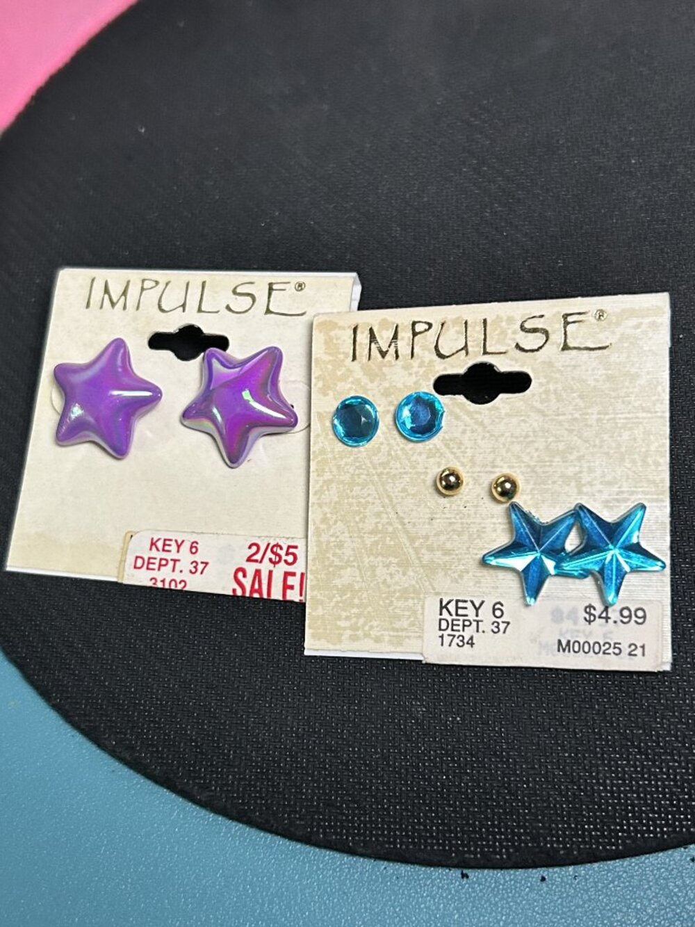 Vintage Deadstock Impulse Earring Lot Purple Iridescent & Blue Stars 4-Pair Set